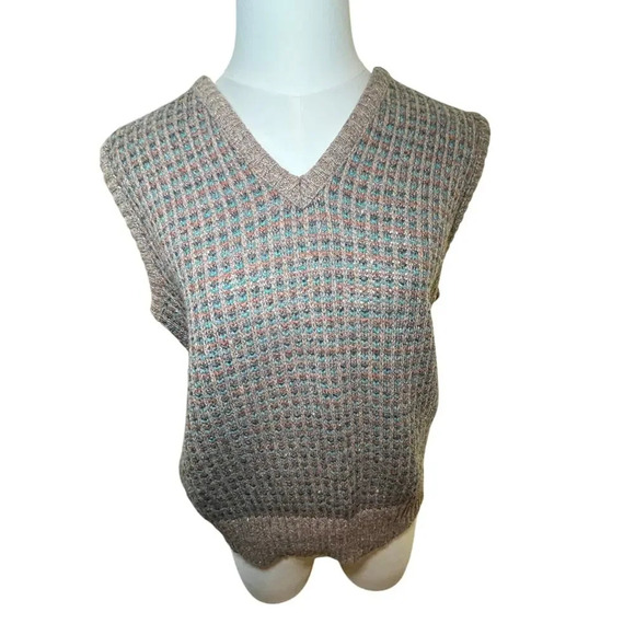 Vintage Panache Knit Sweater Vest Medium Brown Teal Tweed V Neck Academia USA - Picture 1 of 12
